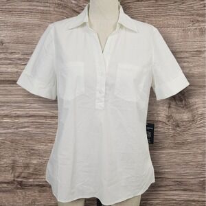 NEW Boston Proper Collared Button Top White Cotton Stretch S Short Sleeve Casual